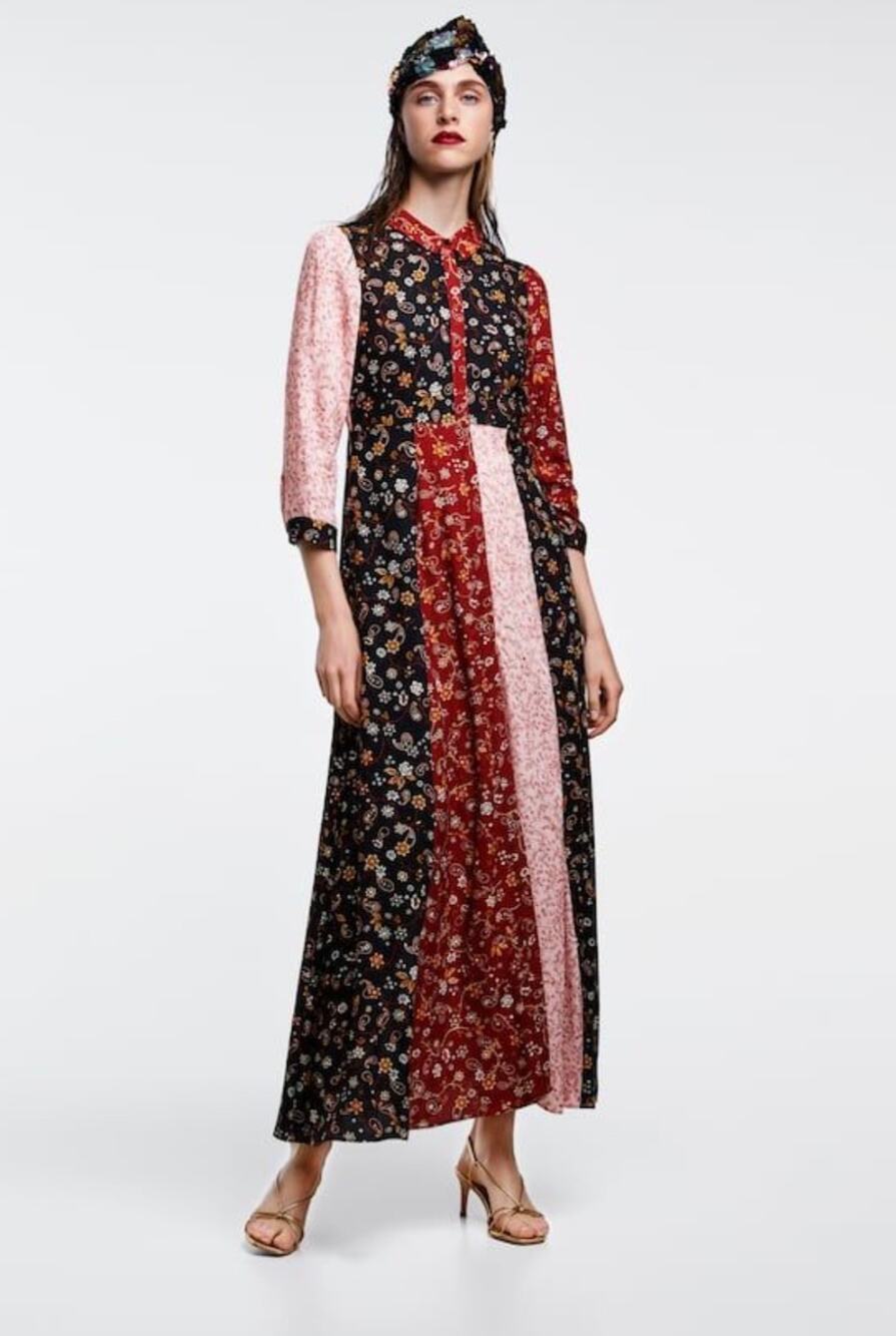 Zara Woman Patchwork Floral Paisley Maxi Dress XS Red Black Pink Boho Viscose